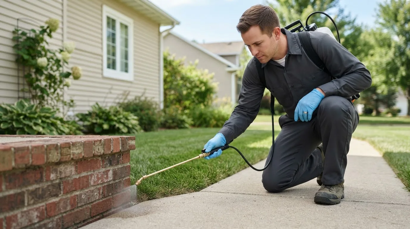 Pest control technician treating a home near Warren, OR